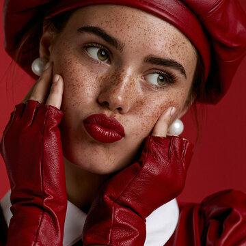 playful freckled woman in red fashion, fair skinned woman with red beret, stylish portrait with playful expression