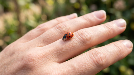 Ladybug or ladybird is crawling on hands. Close-up.  © pinan