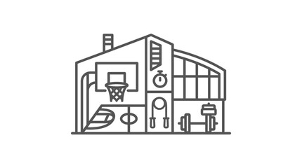 Obraz premium Corporate Office Building with Basketball Hoop Clock and Office Icons in Monochrome Line Art with high quality professional line art symbols for modern creative design and digital branding projects