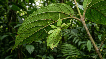 Leaf mantis the green Phylliidae sticking under a leaf and well camouflaged and themes towards the stem on a tropical forest.  © pinan
