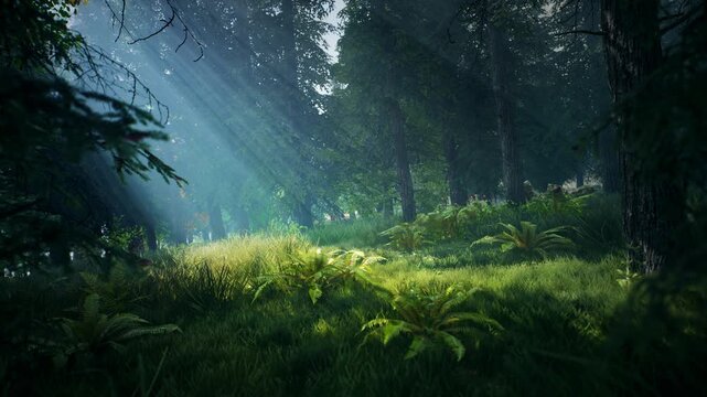Sun rays shining through trees onto a mossy forest floor with ferns, seamless loop animation