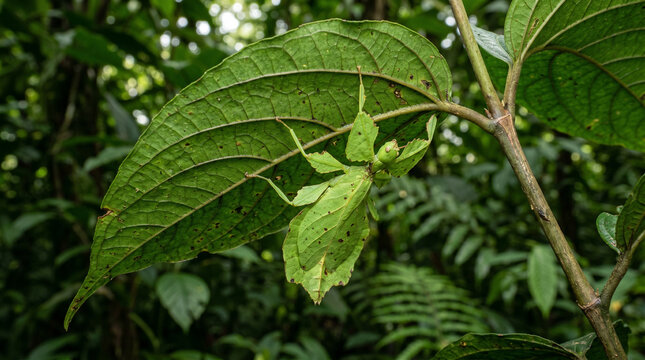Leaf mantis the green Phylliidae sticking under a leaf and well camouflaged and themes towards the stem on a tropical forest.
