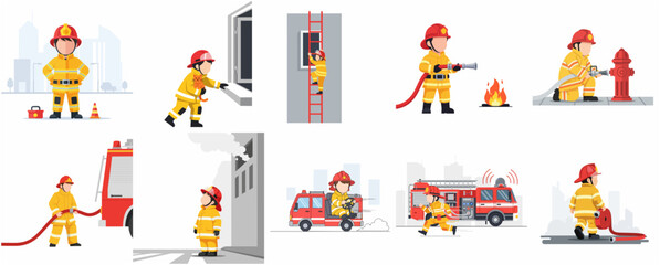 Fototapeta premium Vector set of firefighter character illustrations in various emergency and rescue scenes