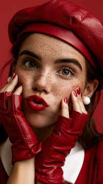 playful freckled woman in red fashion, fair skinned woman with red beret, stylish portrait with playful expression