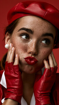 playful freckled woman in red fashion, fair skinned woman with red beret, stylish portrait with playful expression