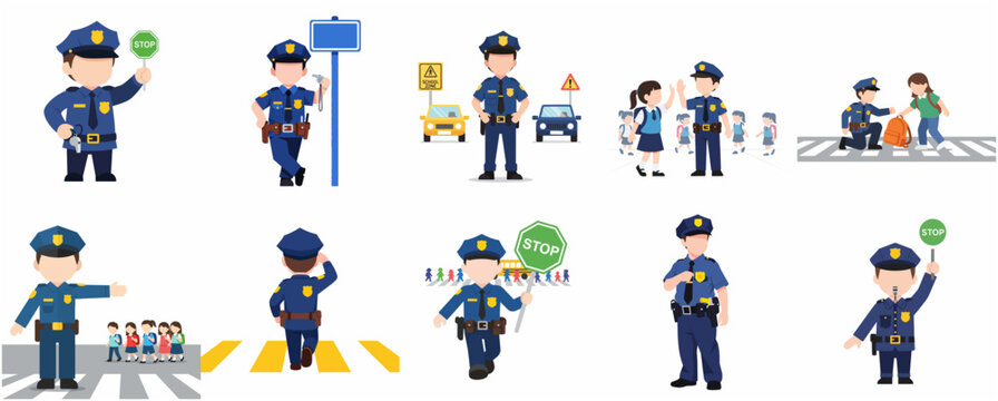 Set of police officer characters managing traffic and helping school children cross the road in a school zone