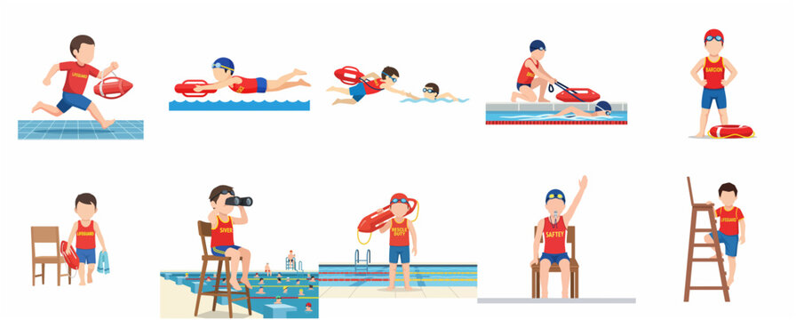 Professional Lifeguard Character Set Illustration Featuring Water Rescue Scenes, Swimming Pool Safety, and Monitoring Activities in Flat Vector Style