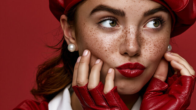 playful freckled woman in red fashion, fair skinned woman with red beret, stylish portrait with playful expression