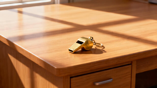 Polished brass referee whistle on minimalist oak wood desk