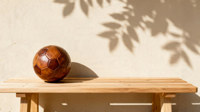 Classic leather soccer ball resting on light oak bench