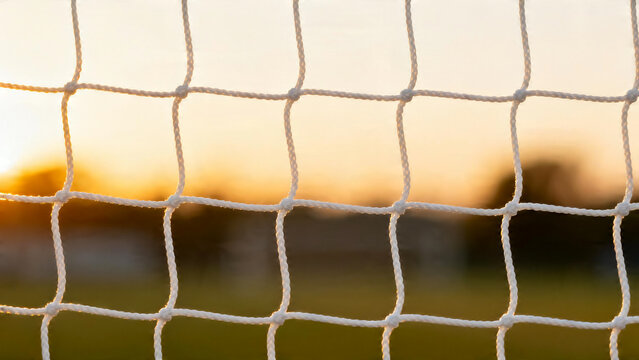 White soccer goal net mesh with sunset background