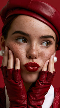 playful freckled woman in red fashion, fair skinned woman with red beret, stylish portrait with playful expression