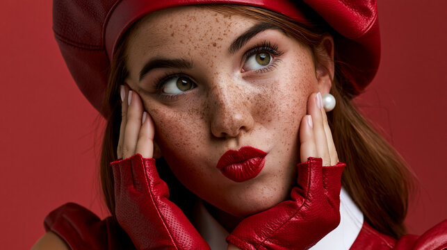 playful freckled woman in red fashion, fair skinned woman with red beret, stylish portrait with playful expression