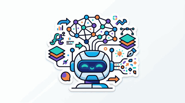 Cartoon robot with digital brain math layers and design tools