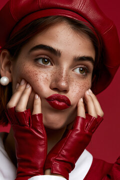 playful freckled woman in red fashion, fair skinned woman with red beret, stylish portrait with playful expression