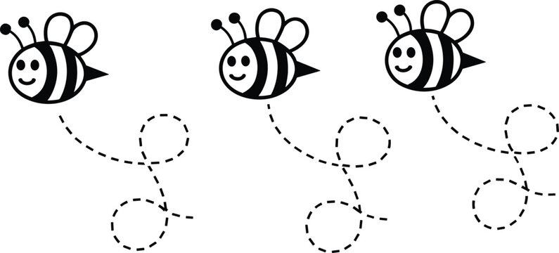 Cute flying honey bee cartoon vector illustration set with dashed flight lines isolated on white background for kids design