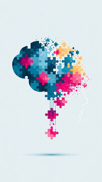 Abstract brain composed of interconnected puzzle pieces forming a human head outline, symbolizing cognition, mental health, and problem-solving.