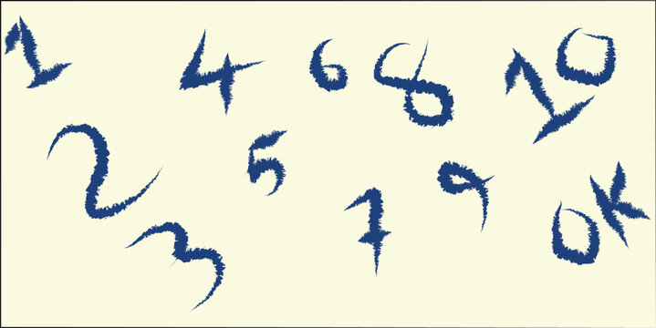 Handwritten Numbers One Through Ten Set Featuring Rough Brush Stroke Blue Calligraphy Elements on a Simple Light Background