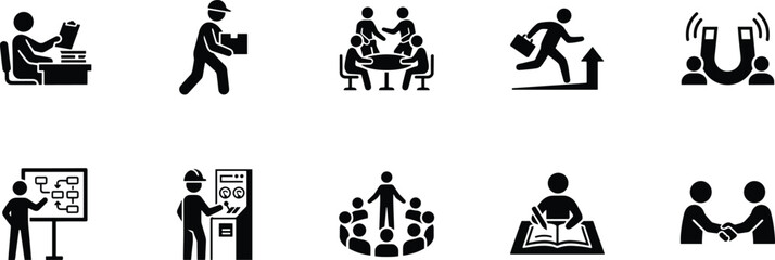 Obraz premium “Business and teamwork icons, office work vector set, collaboration, leadership, productivity, planning, management, partnership, success, corporate communication graphics”