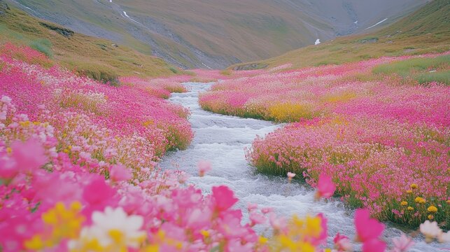 A serene river flows through vibrant wildflower fields under bright natural light, creating a breathtaking natural landscape.