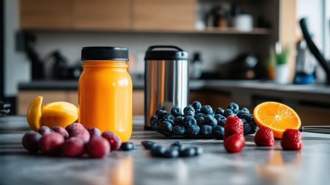 Bright orange juice and fresh fruit in a modern kitchen setting, perfect for healthy meal preparation.