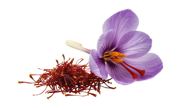 Purple saffron crocus flower with red stigmas and dried threads