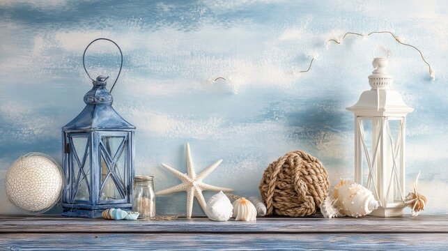 Charming Nautical Decor Featuring a Vintage Lantern, Rope Ball, and Seashells on a Rustic Wooden Surface with Coastal Background