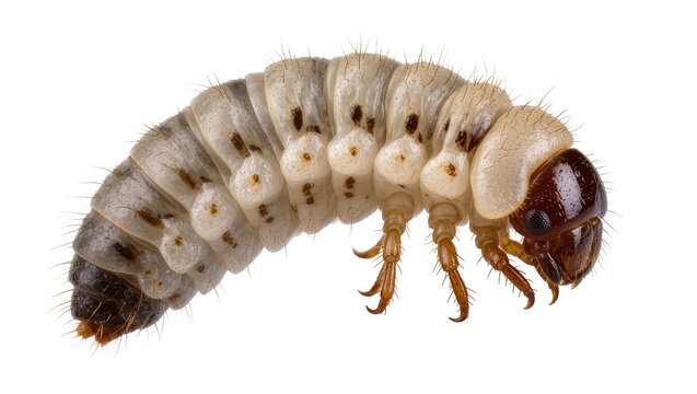 Grub larva with segmented body and brown head with legs