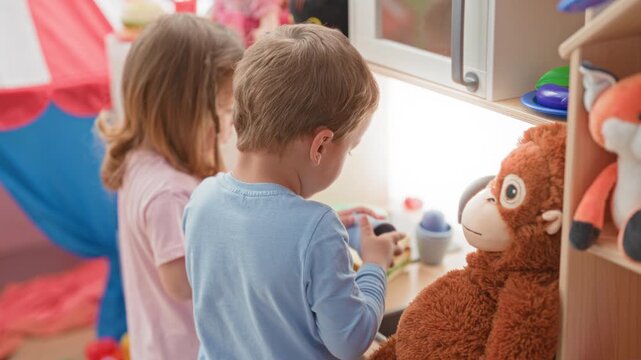 Girl and boy play at a lighted play shelf with toy cups and large stuffed monkey, hands stirring and reaching at building; playful friendship.