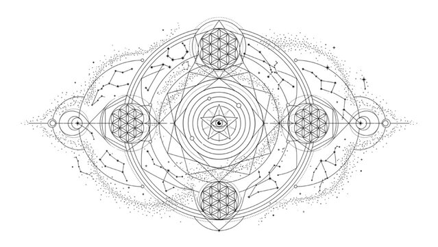 Astrological Zodiac Constellation Fine Line Vector, Sacred Geometry Celestial Map, Minimal Cosmic Tattoo Style Stars and Circles Illustration