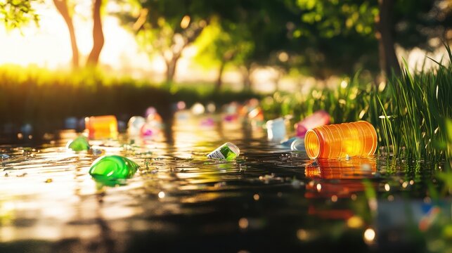 Discarded plastic containers floating on the surface of a polluted river in soft, golden sunlight