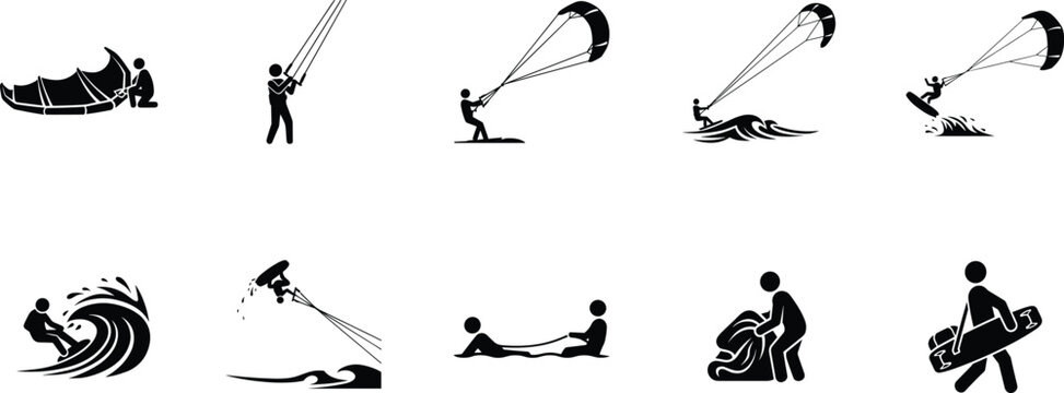 &ldquo;Kite surfing and water sports icons, adventure vector set, surfing, training, jumping, riding waves, beach activity, extreme sport graphics&rdquo;