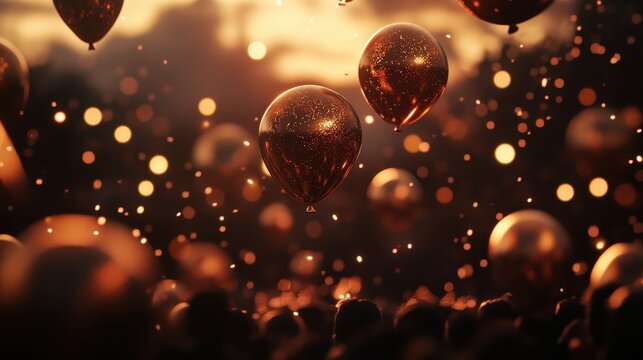 Festive balloons with sparkling effects floating above an excited concert crowd during an outdoor evening event with warm, glowing lights.
