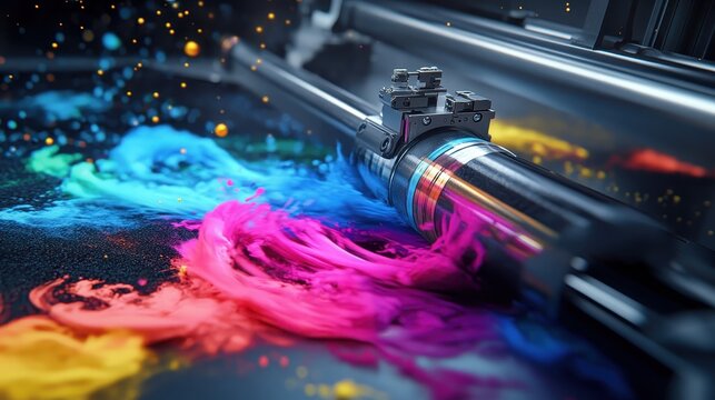 Dynamic offset printing press with vibrant ink transitions and synchronized industrial movement, showcasing colorful production