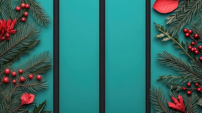 Festive Christmas Card Design with Evergreen Branches and Red Accents on Teal Background