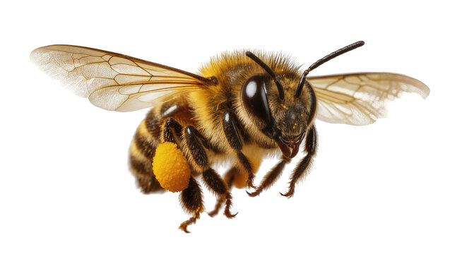 Honey bee with pollen sac on leg flying