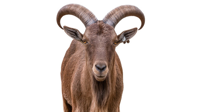 Brown goat with large curved horns facing forward