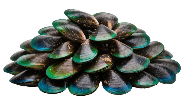 Pile of fresh green-lipped mussels with blue and green iridescent shells