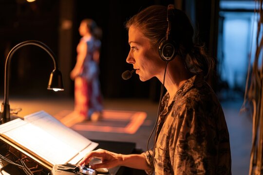 Female stage manager operates sound equipment during performance rehearsal