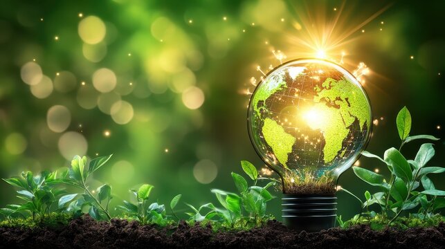 Glowing Earth lightbulb sprouting from soil amidst lush greenery, symbolizing renewable energy and sustainable future growth.
