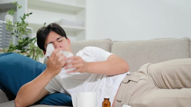 Unhealthy young Asian man suffering from cold and flu symptoms, shivering and coughing while resting on a living room sofa