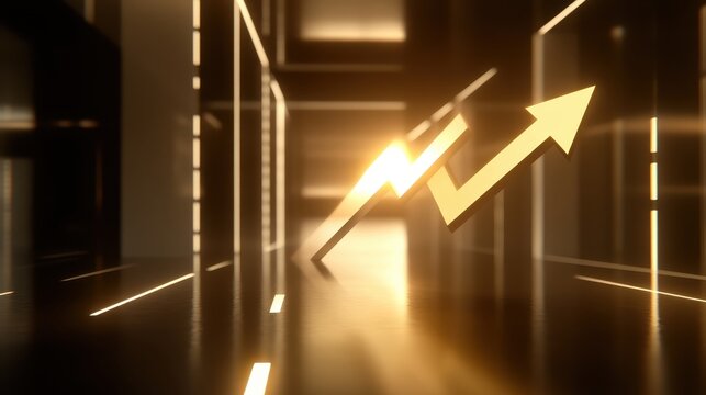 Golden Upward Arrow Representing Financial Growth and Economic Trends in a Modern Abstract Setting