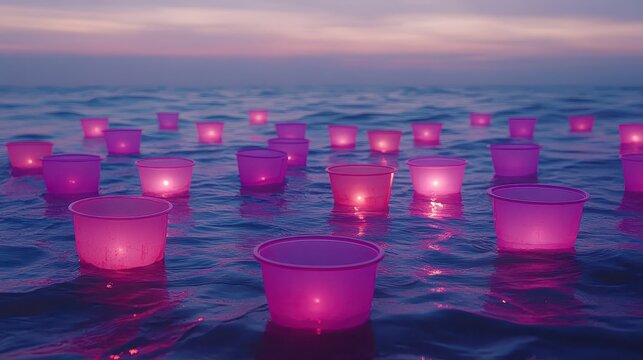 Illuminated Lanterns Floating on Tranquil Water at Dusk with Gentle Glow