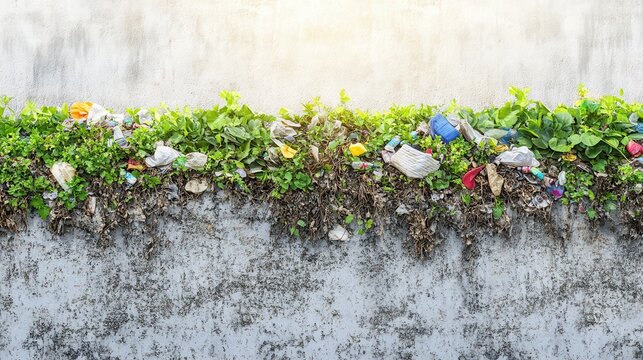 Littered Green Urban Space With Contrasting Textures Of Plants And Concrete