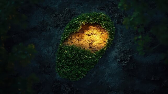 Lush green moss surrounds a glowing, illuminated patch of earth, symbolizing nature's resilience and the vibrant core of life.