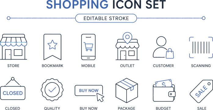 set of vector icons of shopping editable strock line art 