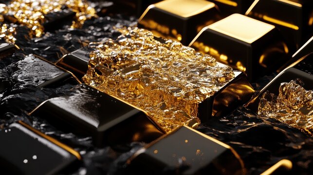 Luxury Gold Investment Assets with Molten Gold and Polished Bars, Representing Wealth and Financial Stability