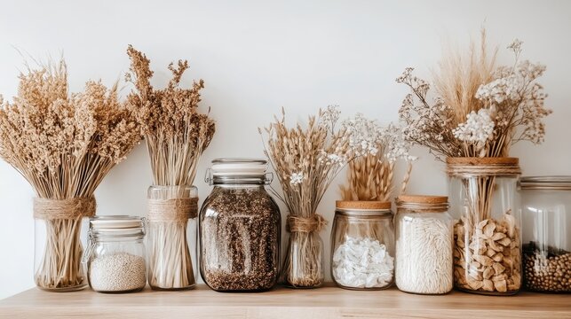 Minimalist and sustainable home pantry featuring glass jars filled with dry goods and natural decor