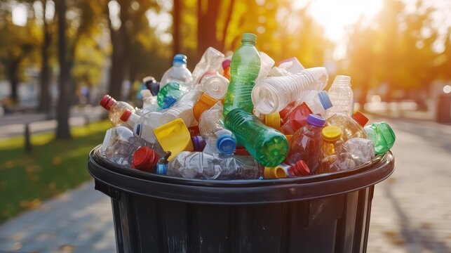 Overflowing Black Public Trash Bin Filled With Single-Use Plastic Bottles In An Outdoor Urban Park Setting Under Bright Sunlight