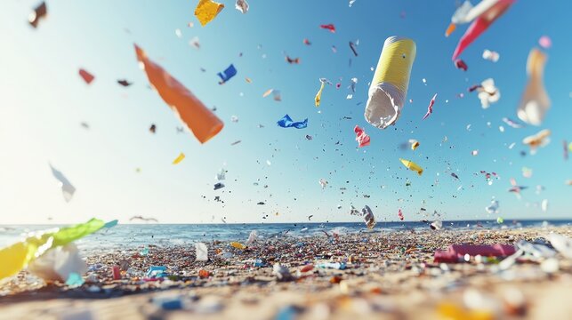 Plastic pollution and vibrant litter scattered across a clear blue sky over a beach and ocean.